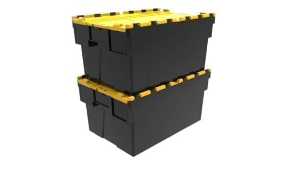 Coloured Attached Lid Containers - 600L x 400W x 365H - 65 Litres - Black with Yellow